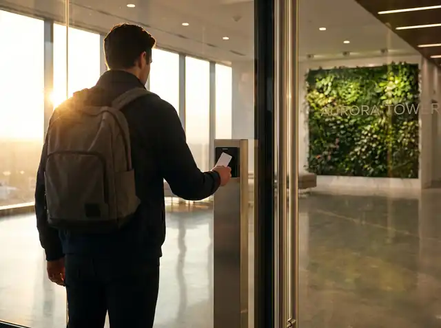 Employee badging into a sunlit spotless lobby at 6 AM