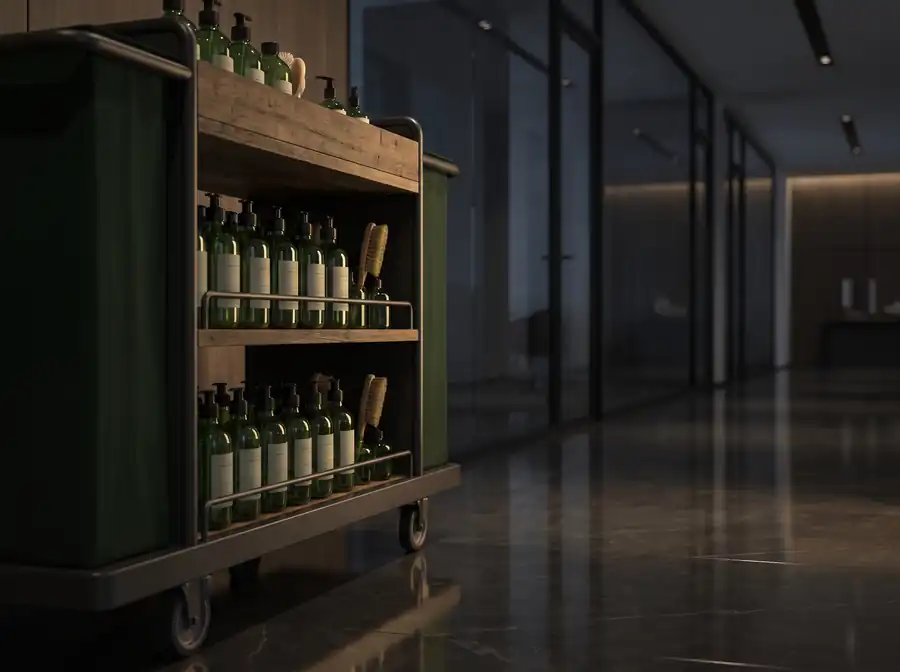 Organized eco-friendly cleaning cart in an office corridor at night