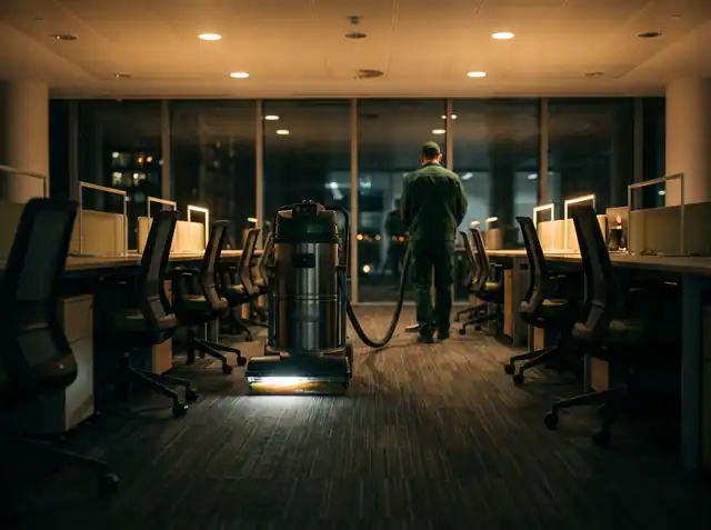 Commercial carpet vacuum working through a dark office at 1 AM