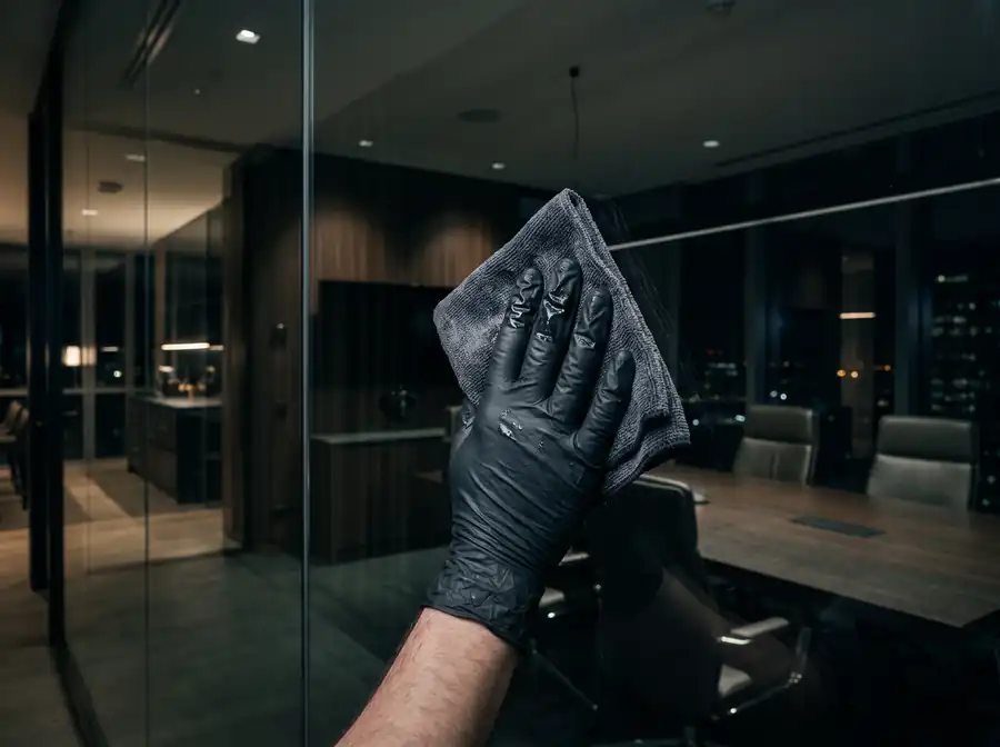 Gloved hand wiping conference room glass streak-free
