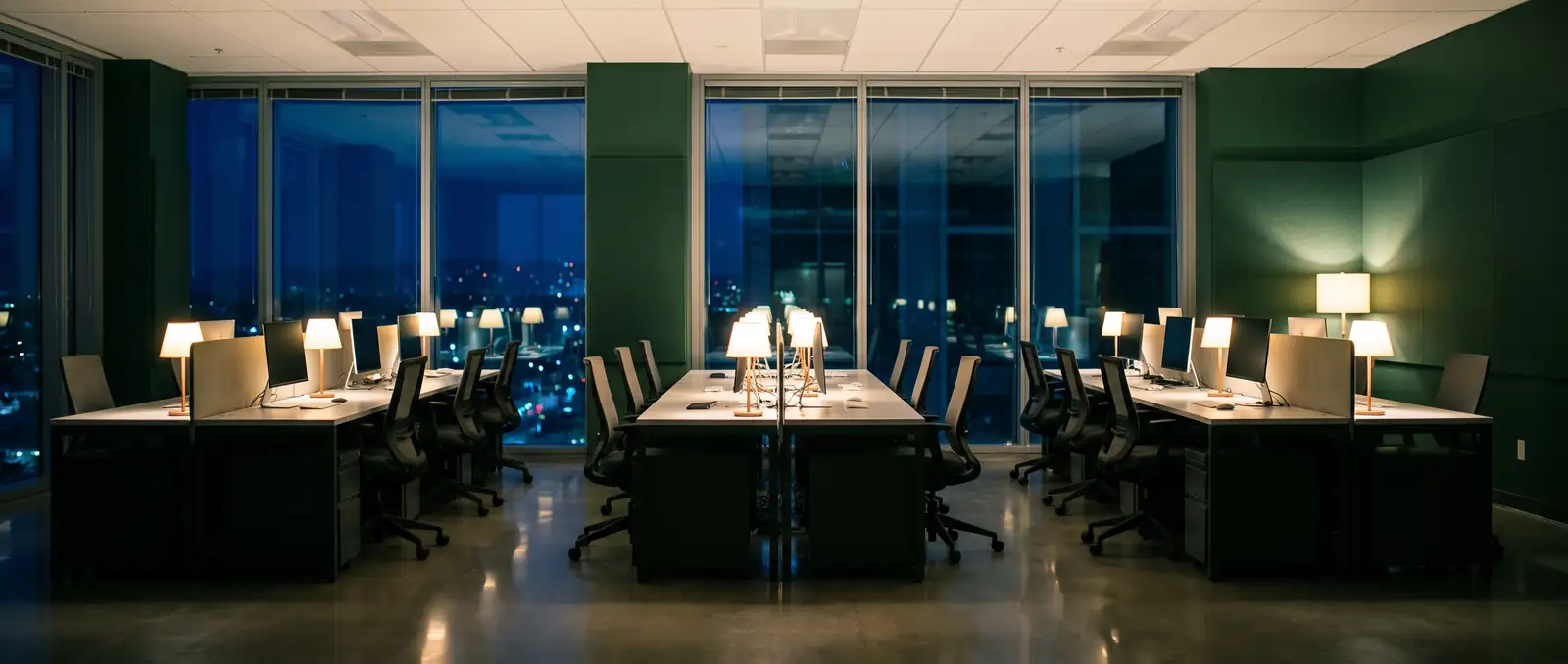 A pristine San Jose office at night, desks reset and floors gleaming