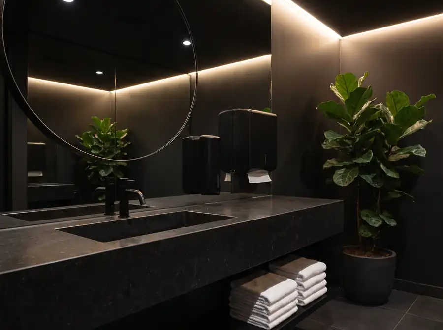 Spotless modern office restroom with dark stone counters
