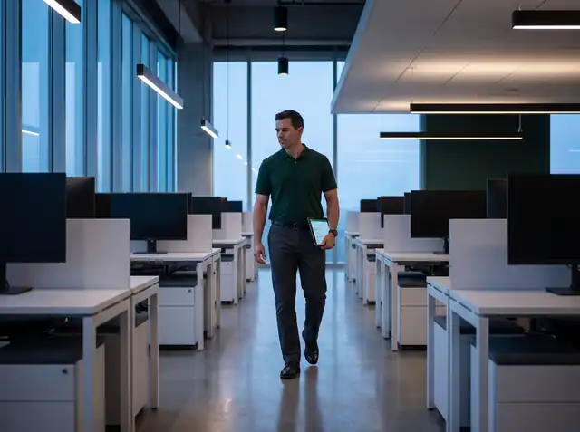 Supervisor with a tablet checklist inspecting a pristine office at 5:30 AM